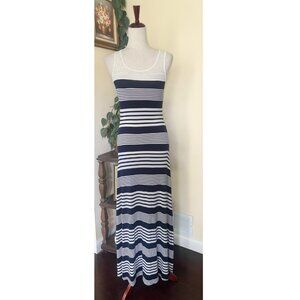 Hem & Thread Navy Blue & White Striped Maxi Dress sz S